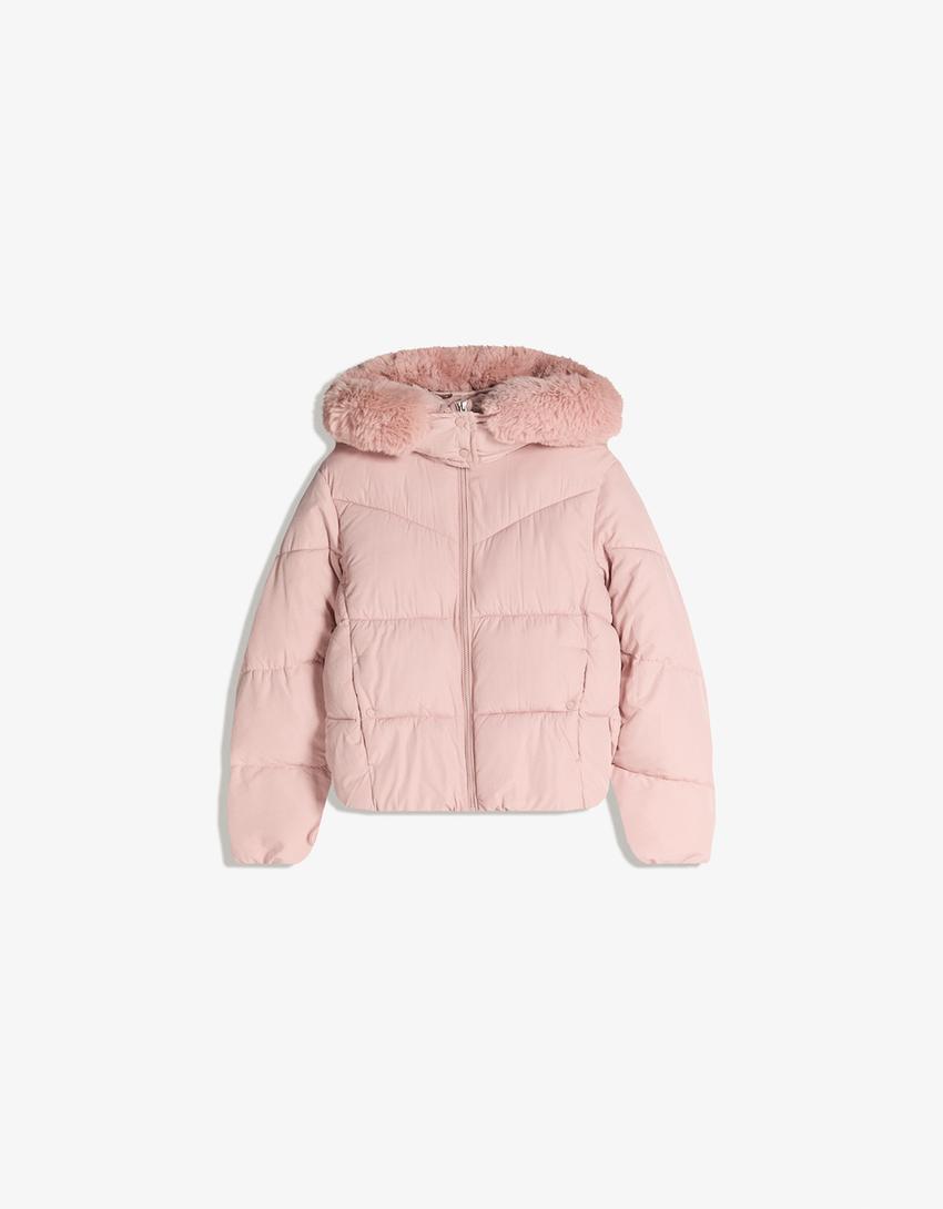 Blusão puffy impermeável com capuz e pelo-Rosa
