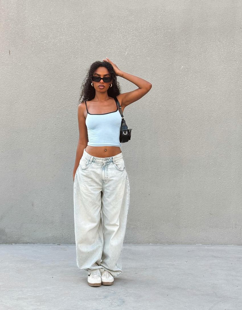 Jeans wide leg barrel tiro alto-Azul lavado