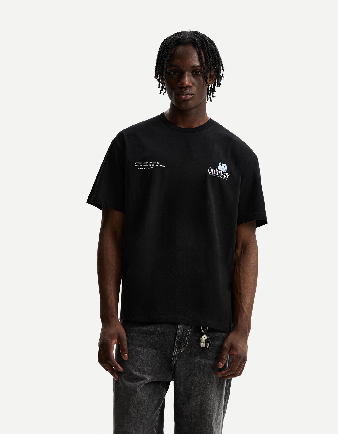 Bershka T-Shirt Manches Courtes Imprimé Homme Xl Noir