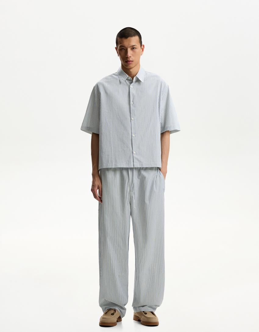 Textured boxy fit short sleeve shirt-Blue-2