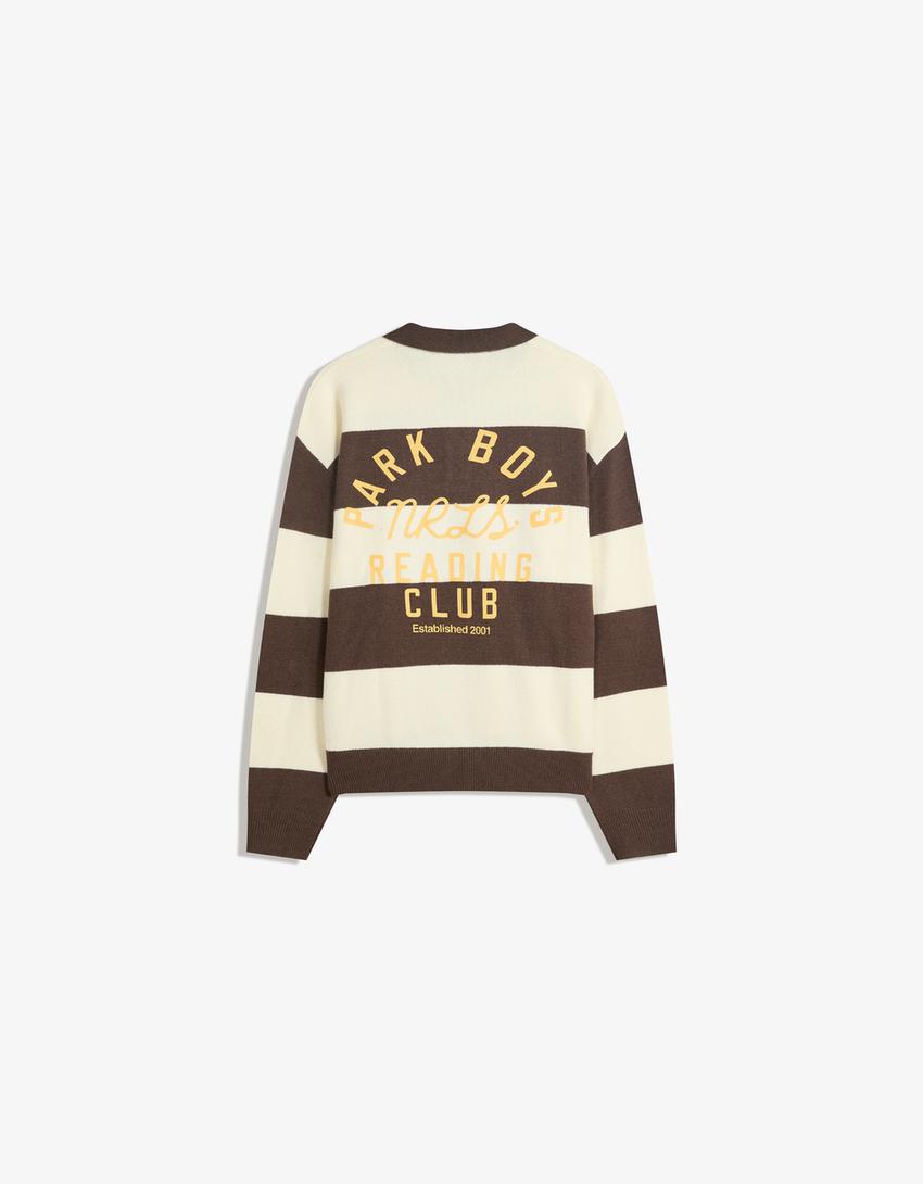Polo collar sweater with stripes-Brown