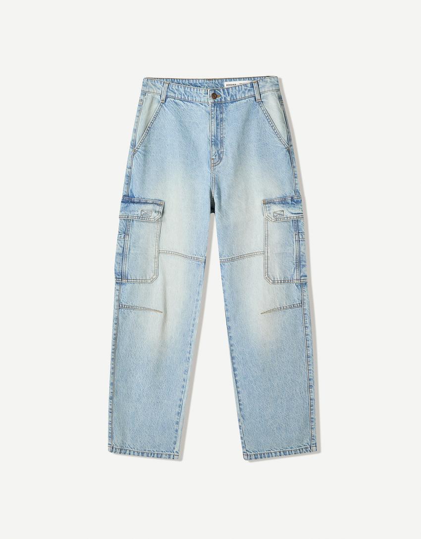 Jeans baggy cargo-Azul lavado
