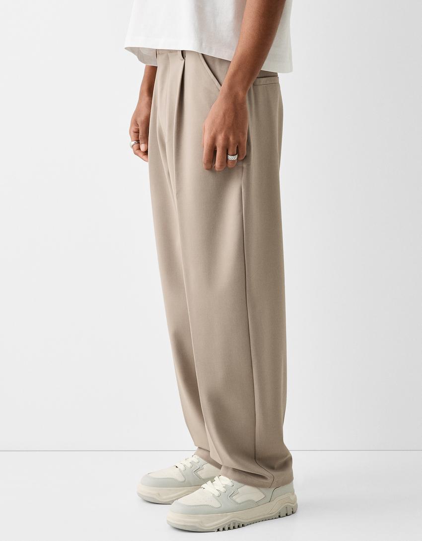 Calças tailored fit baggy-Bege escuro-1