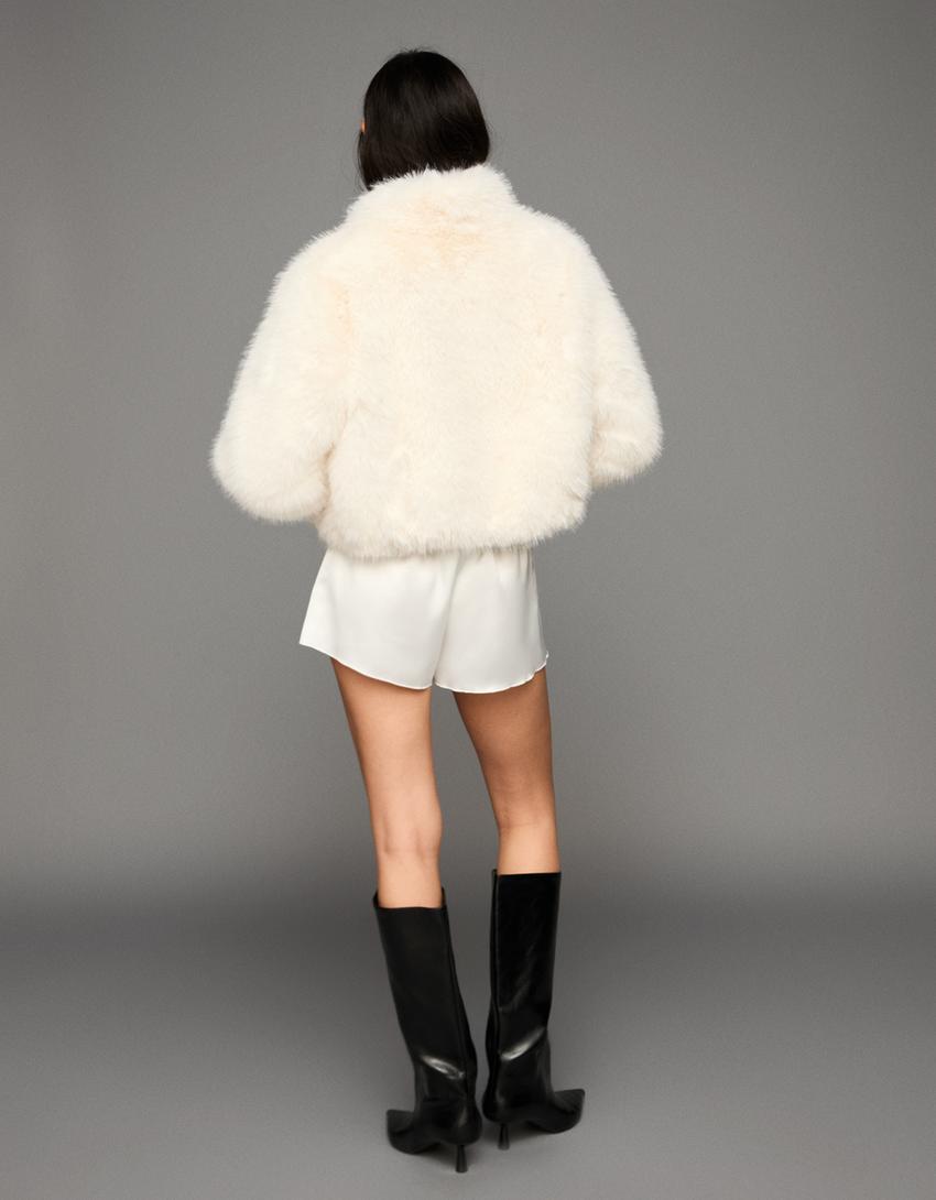 Blouson fausse fourrure-Blanc cassé