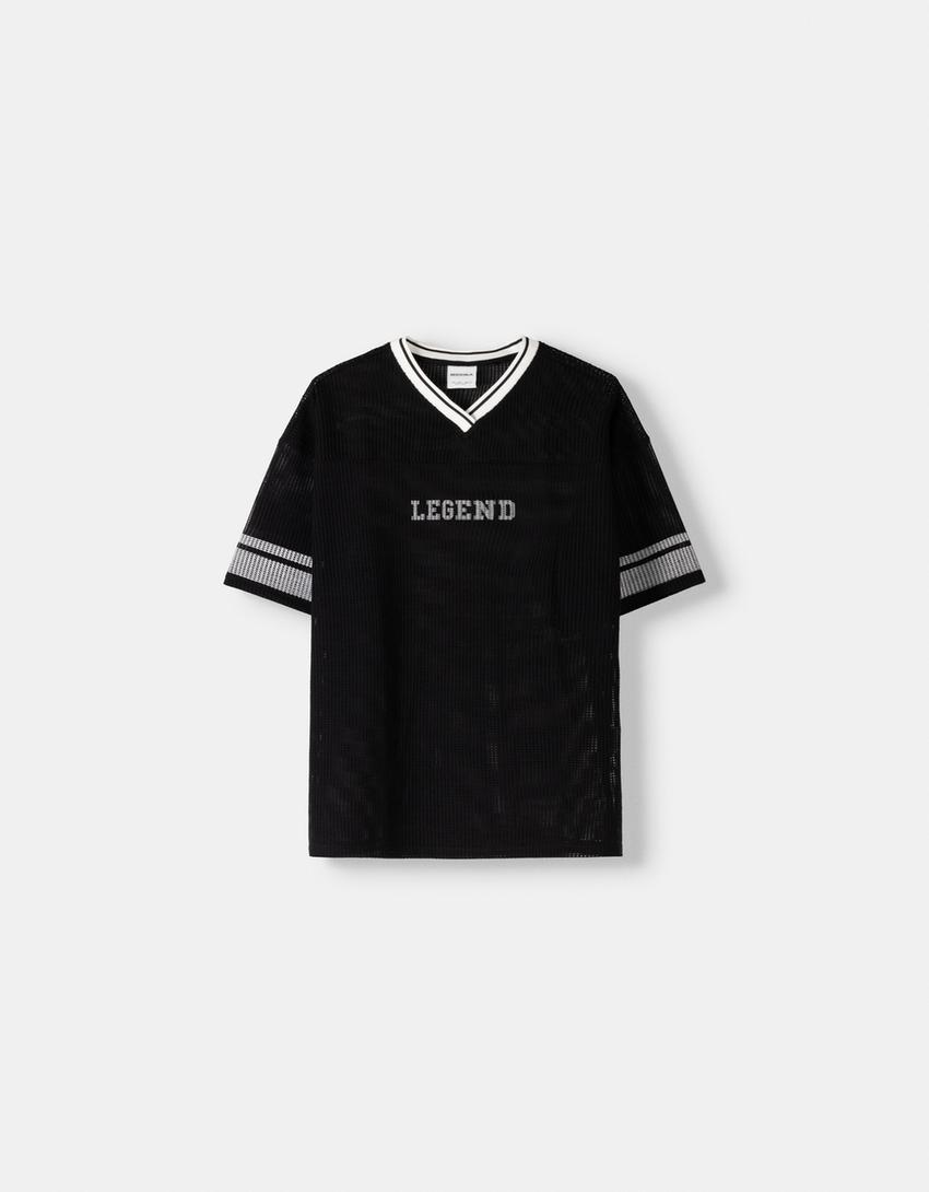 טי שירט מבד רשת ספורט אוברסייז עם שרוולים קצרים-שחור-4