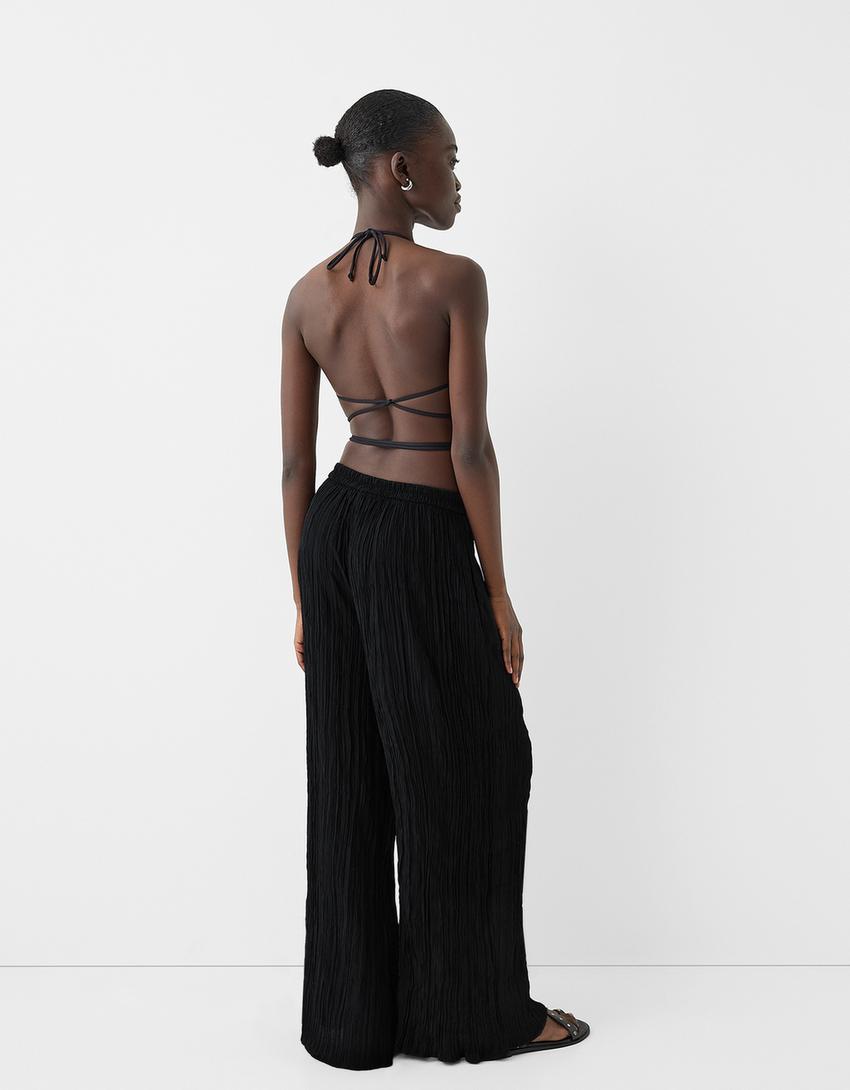 Pantalon wide leg effet froissé-Noir-2