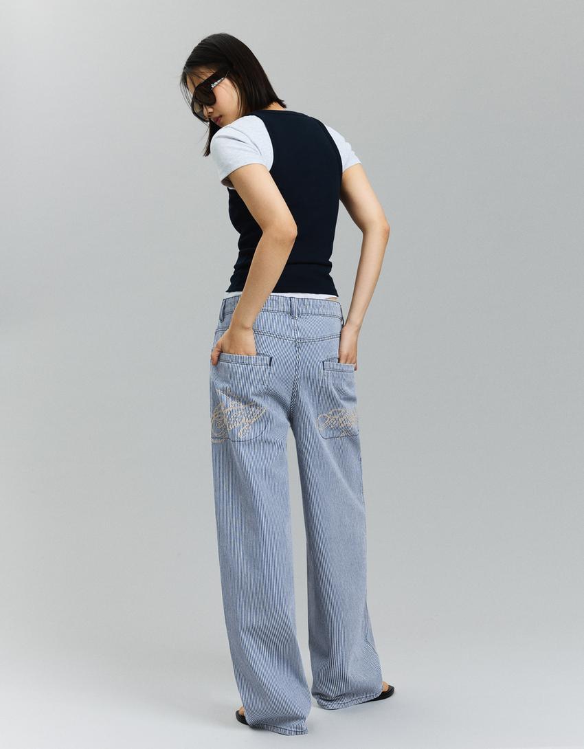 Striped super wide-leg low-rise jeans-Blue