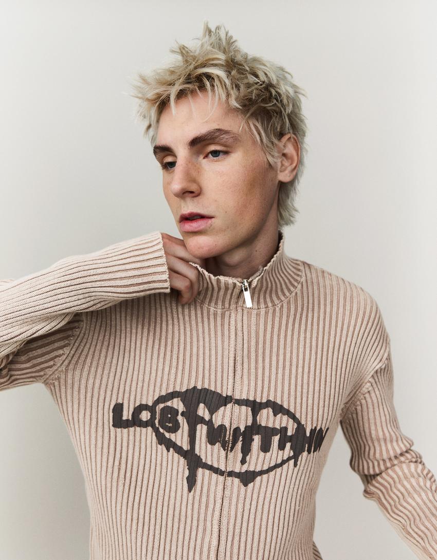 Printed zip-up jacket-Beige