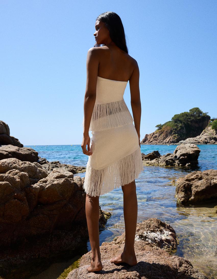 Top bustier à franges-Blanc cassé