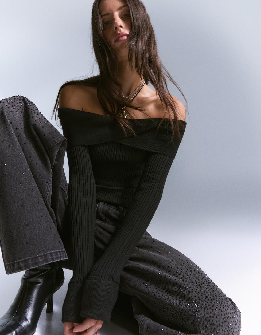 Texture sweater with Bardot neckline-Black