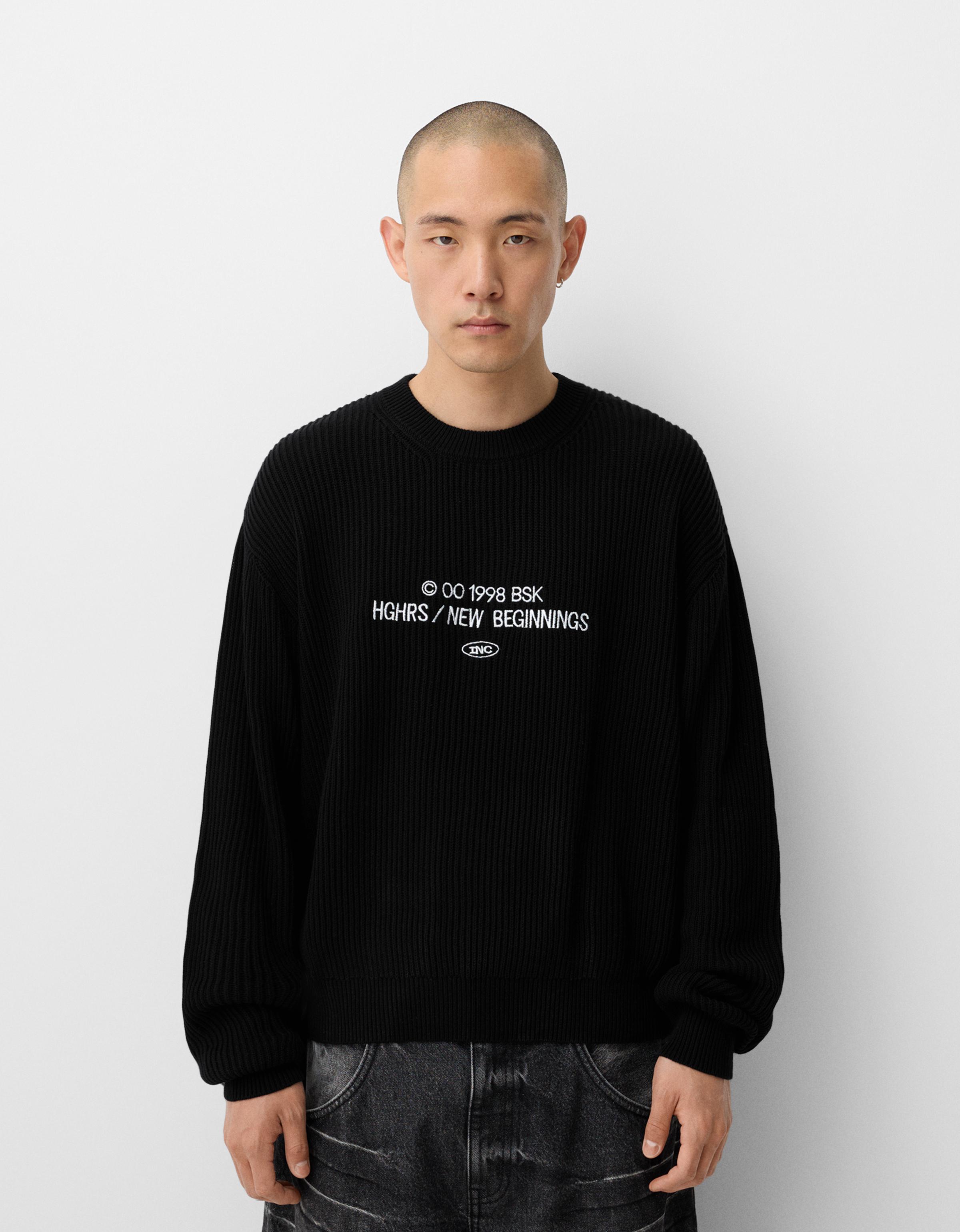 Bershka Pullover Im Rippenstrick Mit Stickerei Herren L Schwarz