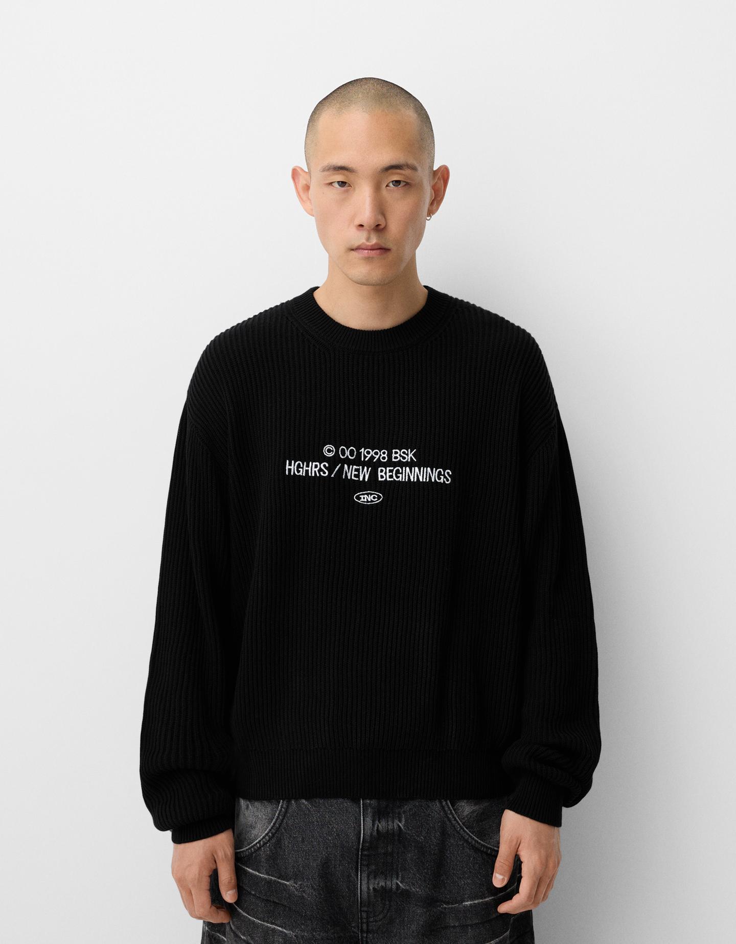 Bershka Maglia Canneté Ricamato Uomo S Nero