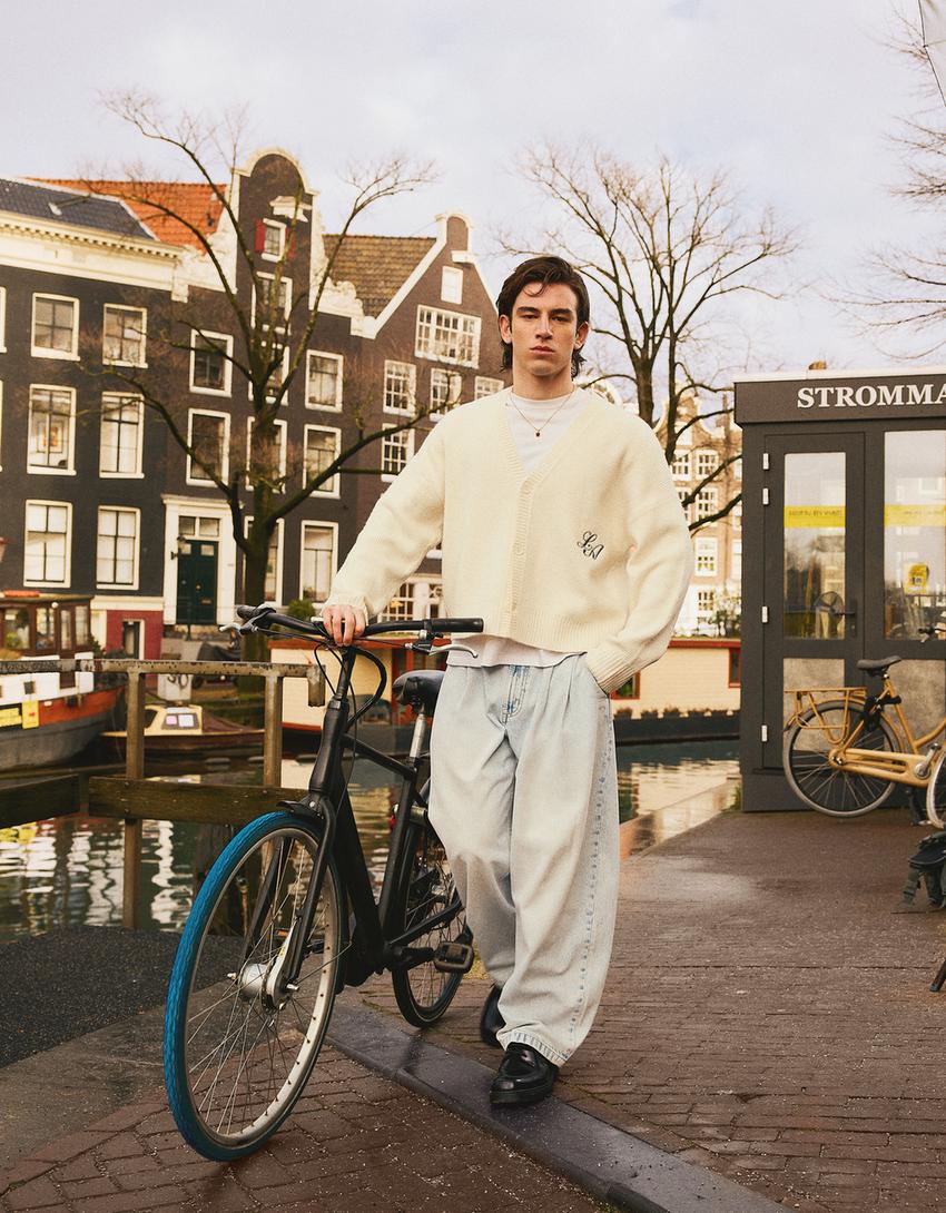 Jeans barrel fit brodé-Bleu clair