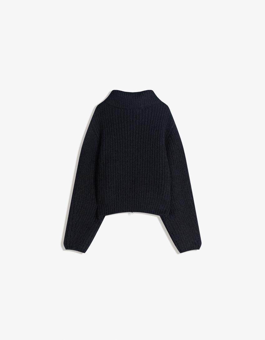 Cardigan gola alta com fecho de correr-Azul