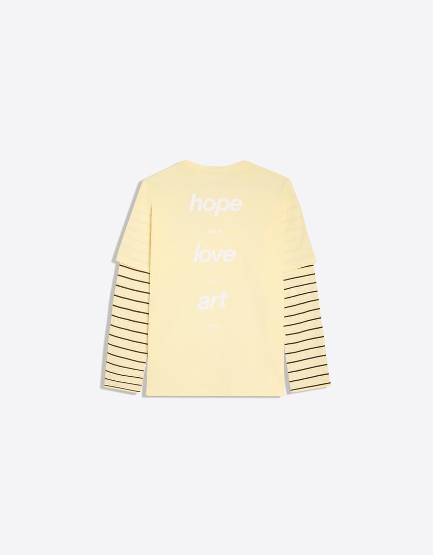 Oversize-T-Shirt mit doppeltem Ärmel und Print-Gelb