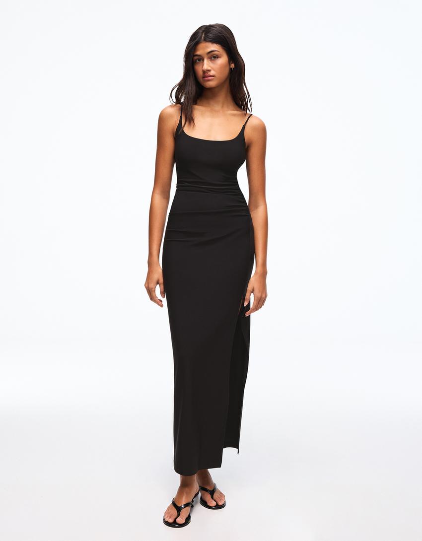 Vestido midi tirantes fruncido-Negro