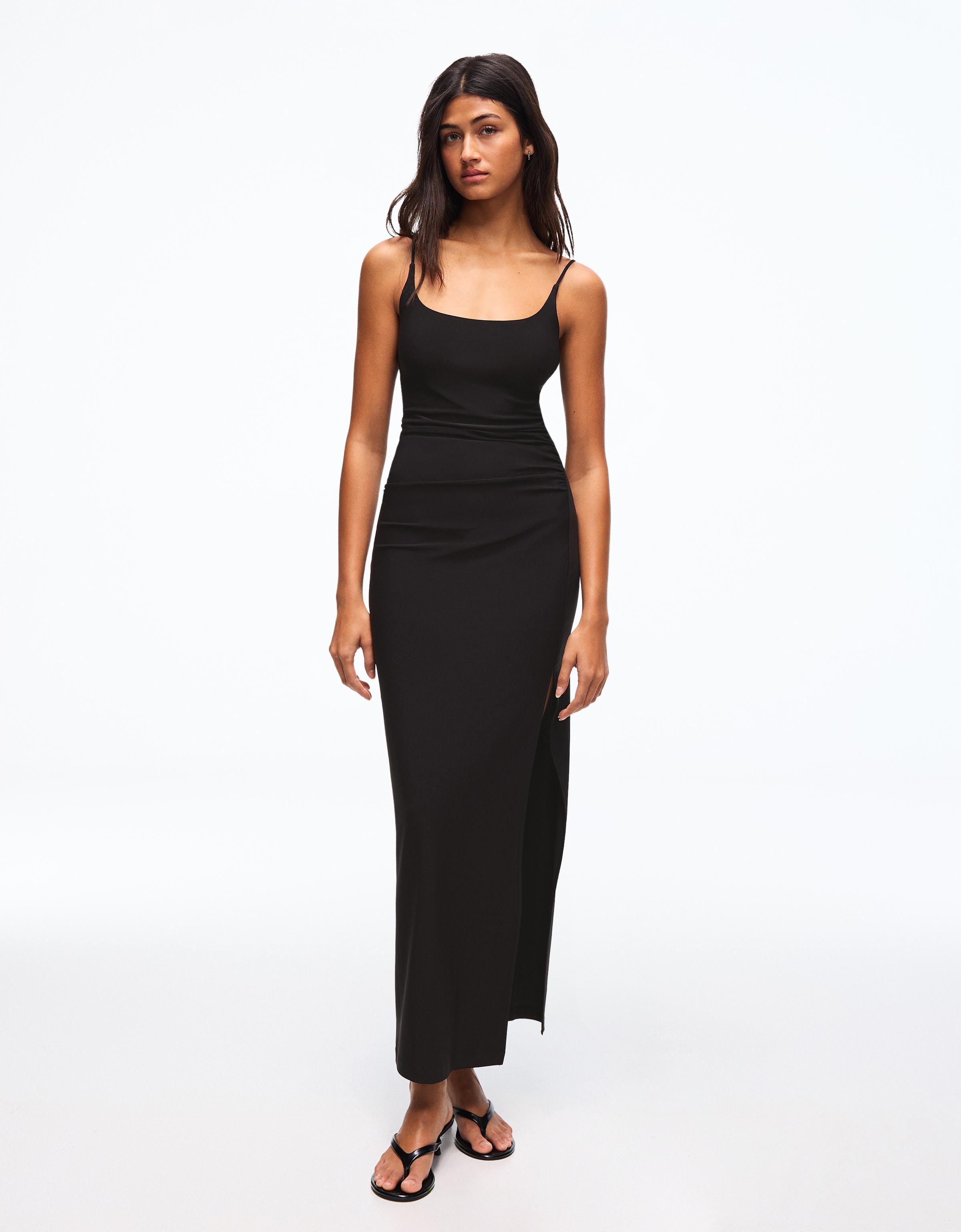 Büzgülü askılı midi elbise - Görsel 48