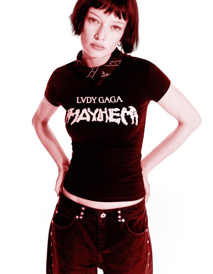 T-shirt Lady Gaga manga curta estampada-Preto