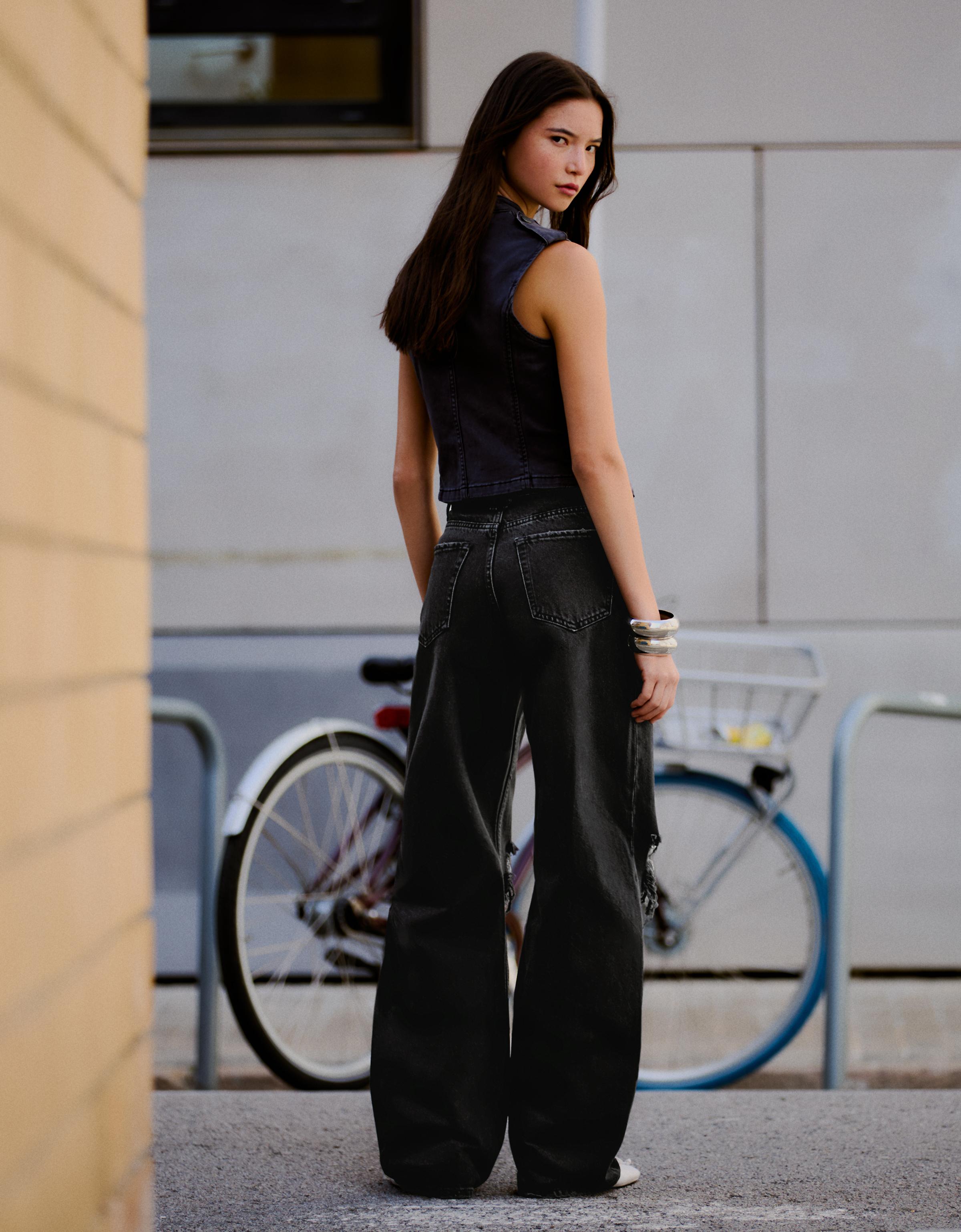 Yüksek bel distressed geniş paça jean - Görsel 53