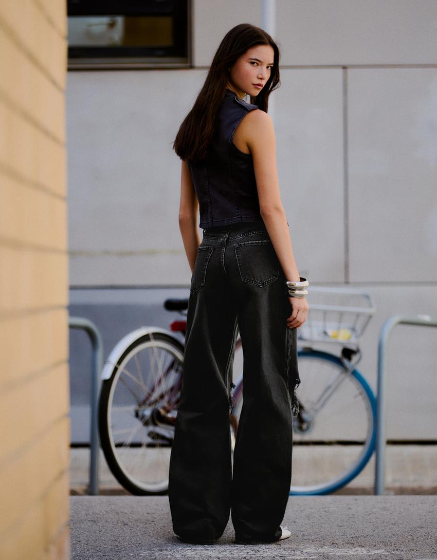 Jean wide leg taille haute déchiré-Noir