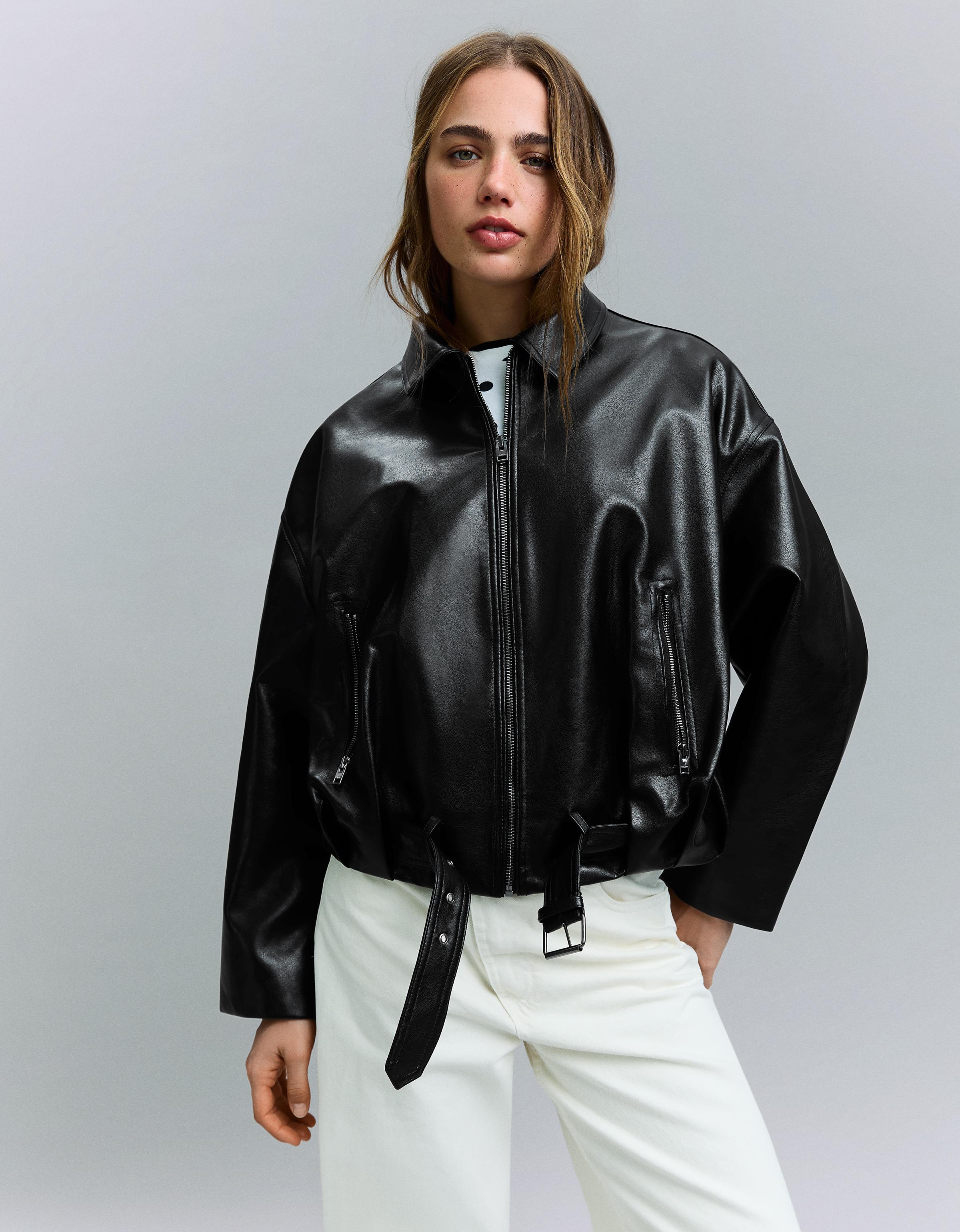 Leather effect bomber jacket with belt — Black