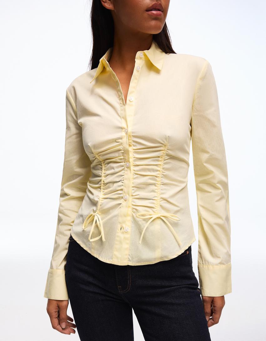 Gathered poplin shirt-Yellow