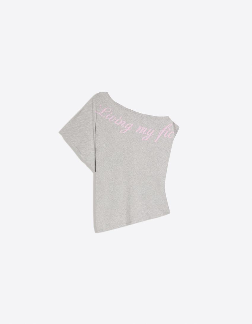 Short sleeve asymmetric print T-shirt-Grey