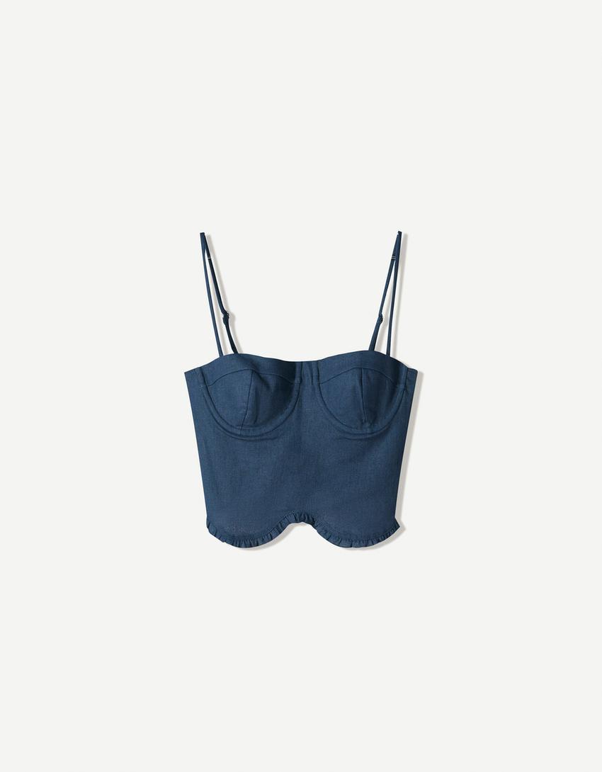 Top con spalline in misto lino-Blu-4