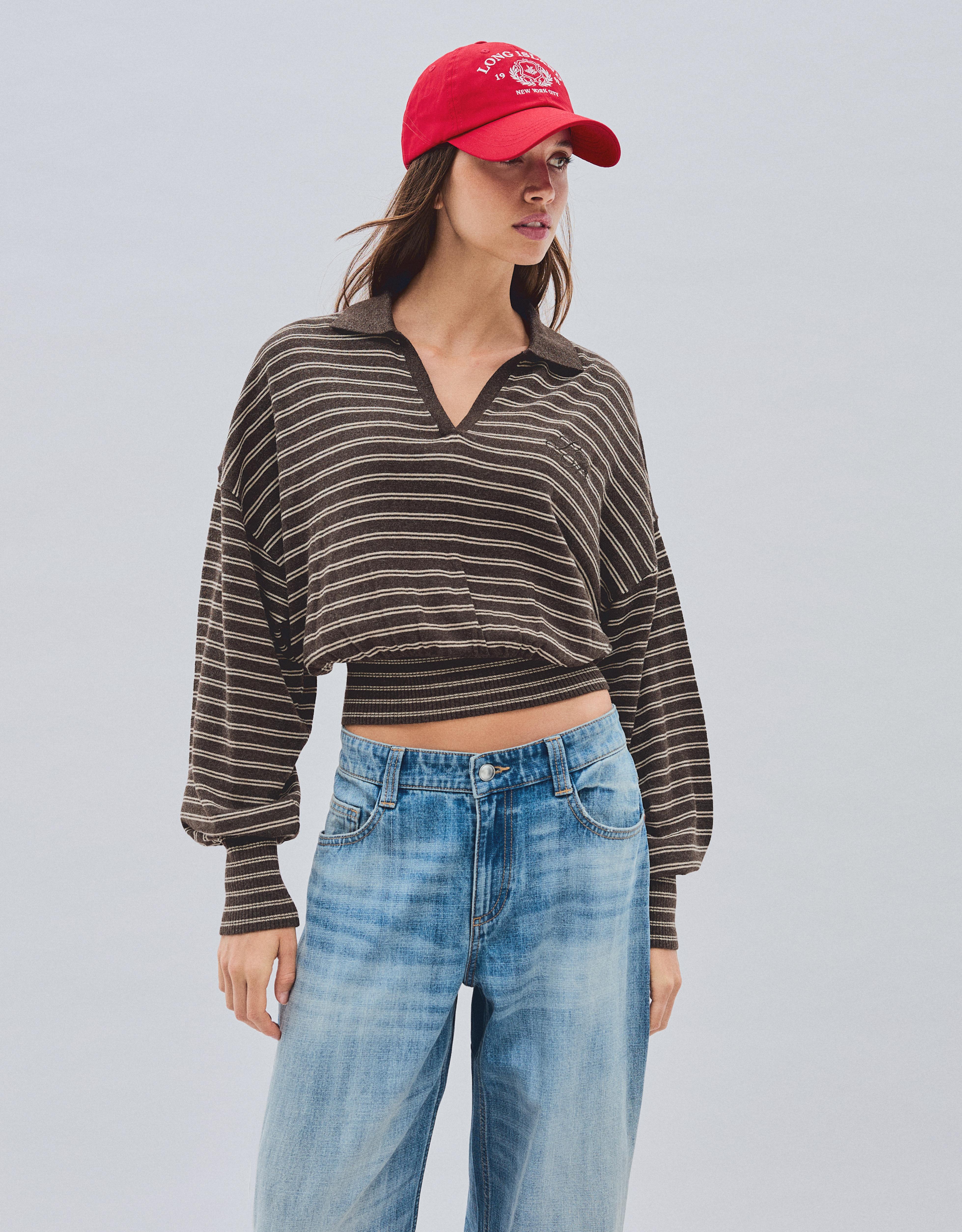 Ribbed polo collar jumper — Brown