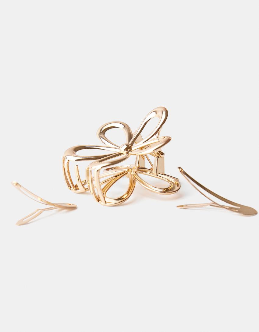 Lot pince cheveux fleur et 2 épingles-Or-2