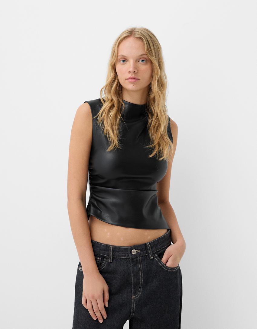 Asymmetric draped leather effect top - Women | Bershka