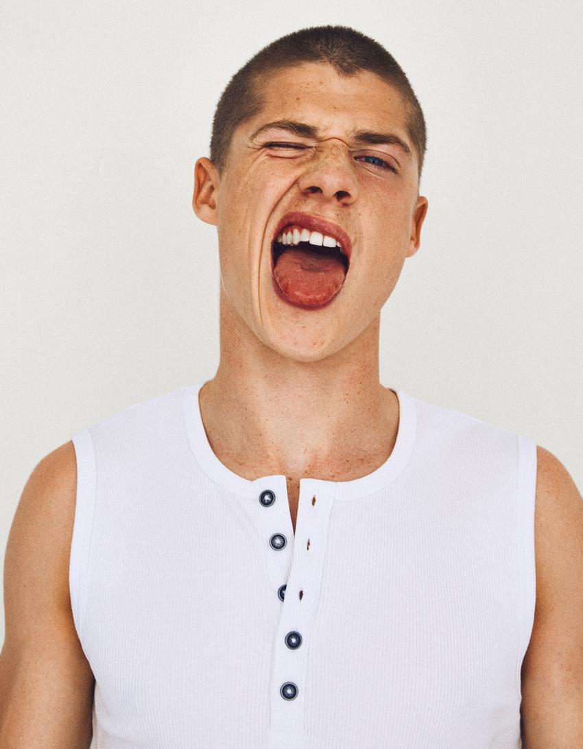 T-shirt workwear slim col tunisien-Blanc
