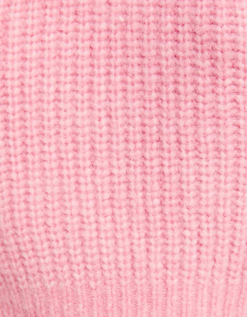 سويتر بقصة قصيرة وياقة على شكل V-زهري-6