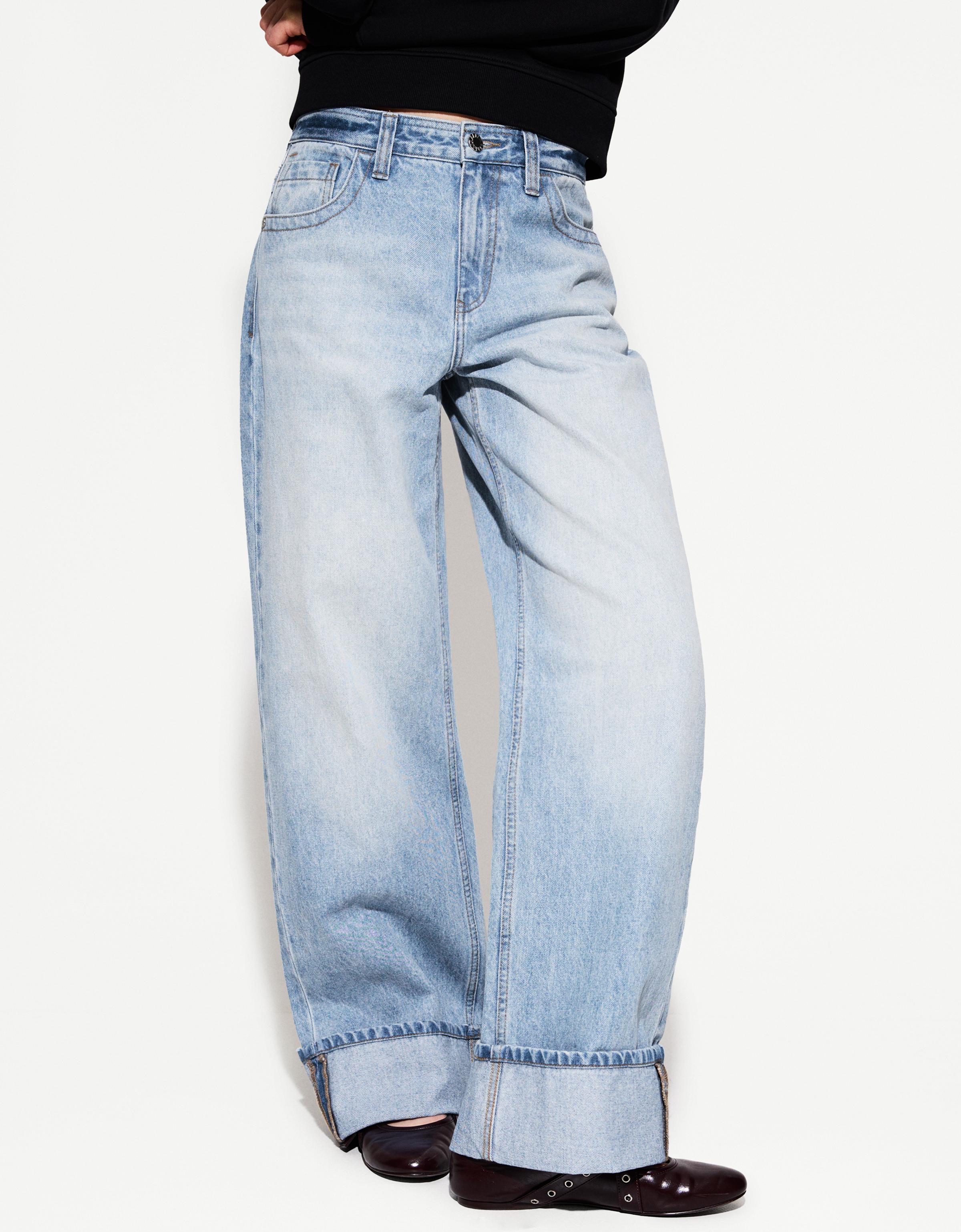 Bershka Wide-Leg-90'S-Jeans Mit Umgeschlagenem Saum Damen 38 Hellblau