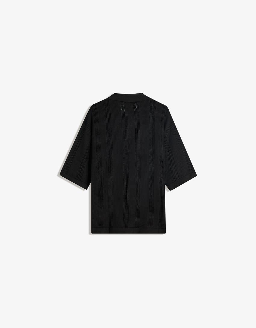 Textured openwork polo shirt-Black-5