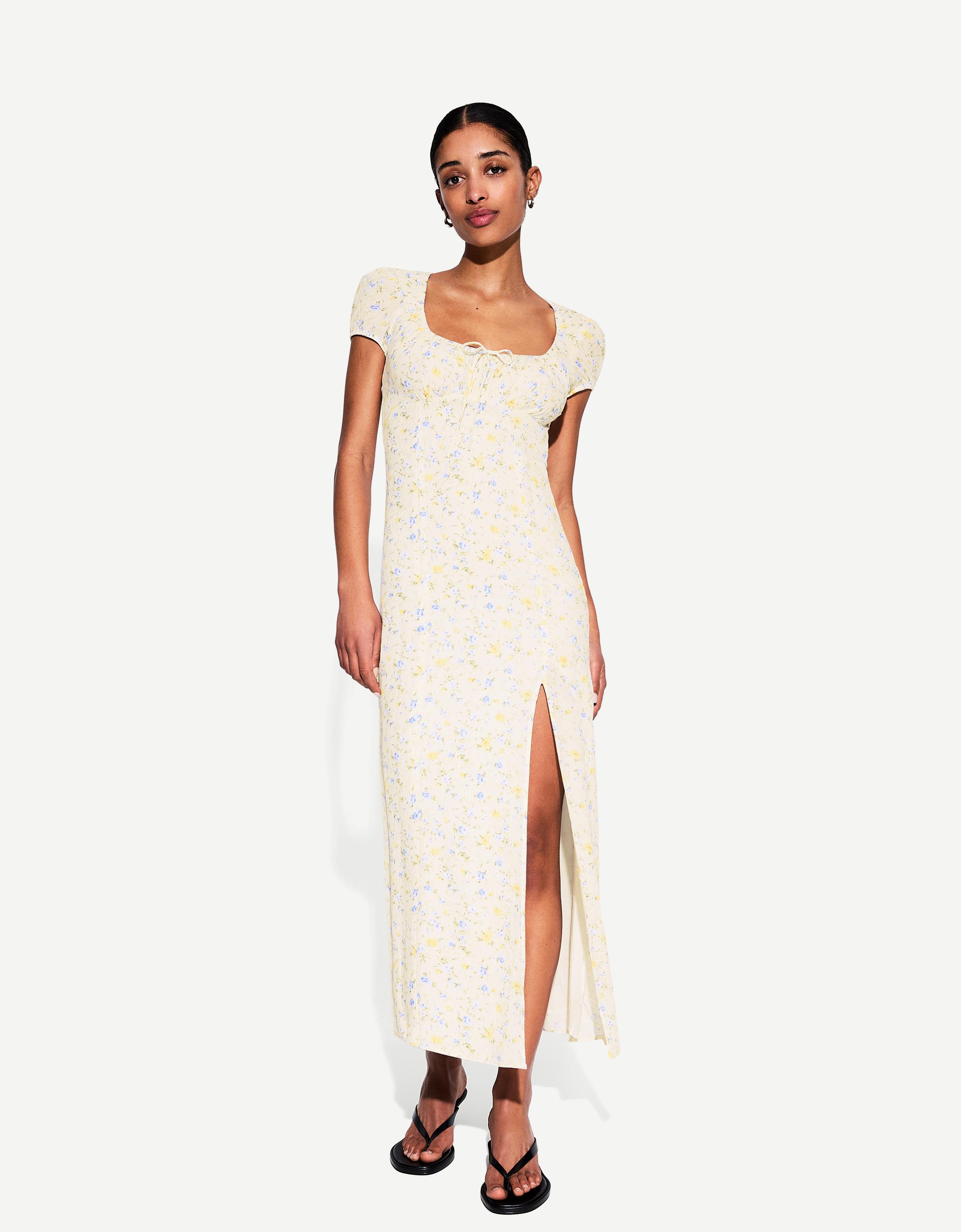 Bershka Midikleid Mit Textur Und Print Damen L Rohweiß