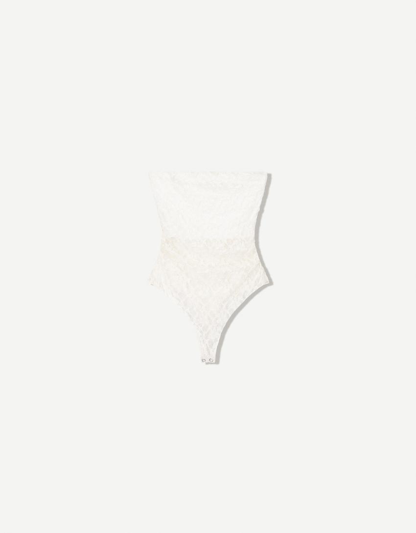 Bandeau bodysuit with blonde lace-Cream-3