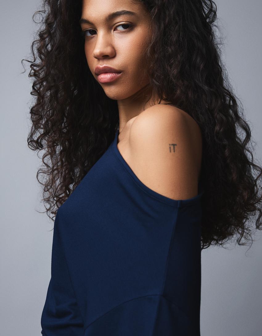 Asimetrik kısa kollu tişört-Denizci mavisi