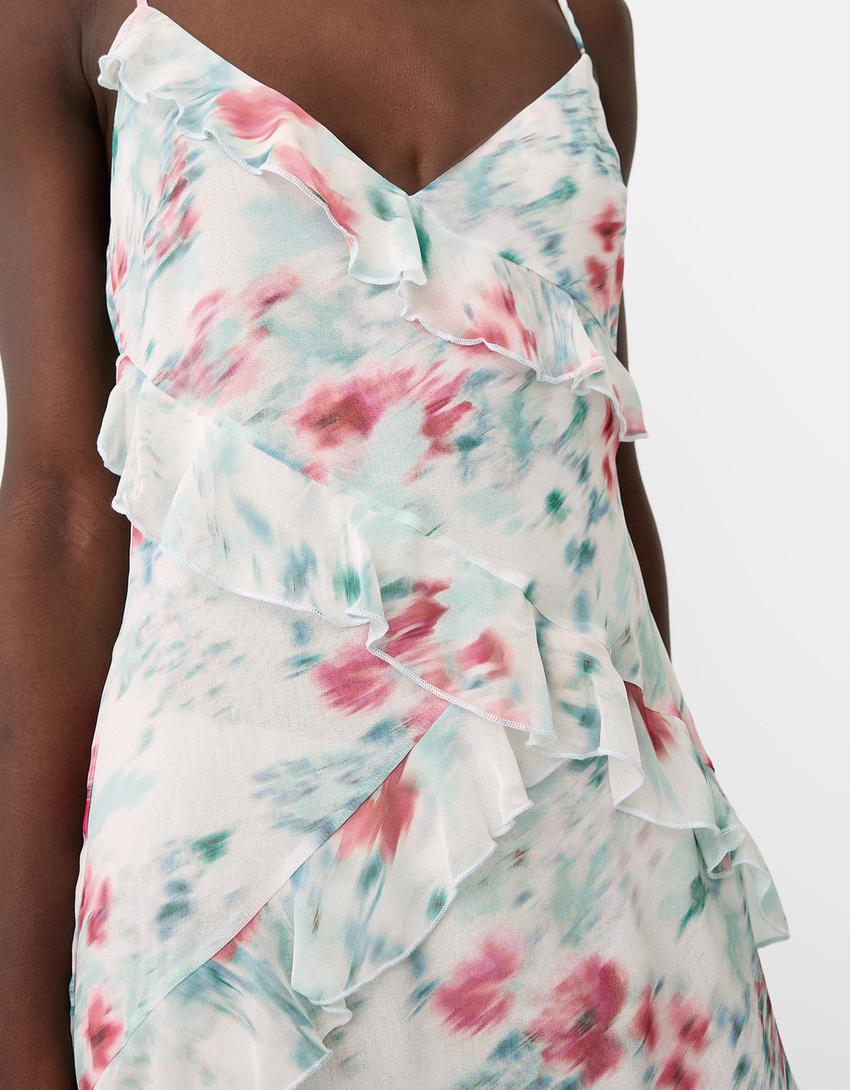 فستان متوسط الطول بطبعة زهور وكشكش-متعدد الألوان-6