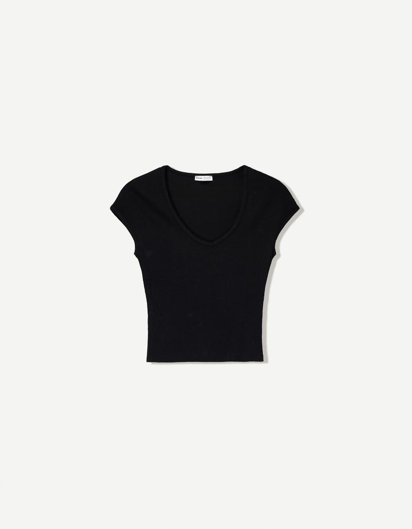 T-shirt met korte mouw en V-hals-Zwart-3