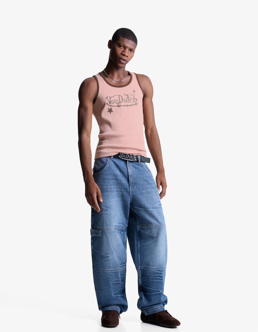 Von Dutch rib baskılı askılı tişört-Pembe-3
