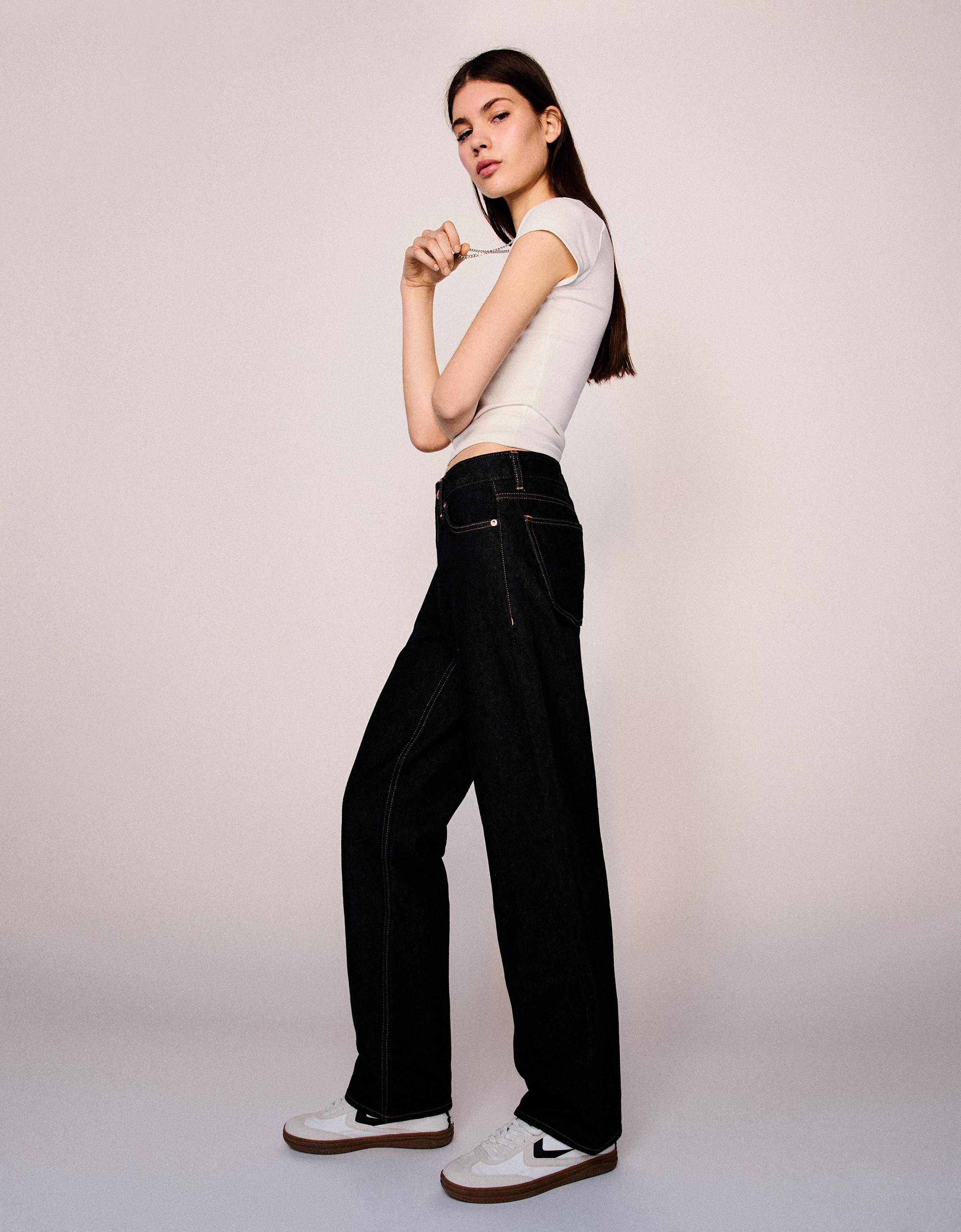 Bershka Jeans Straight Tiro Bajo Mujer Marino