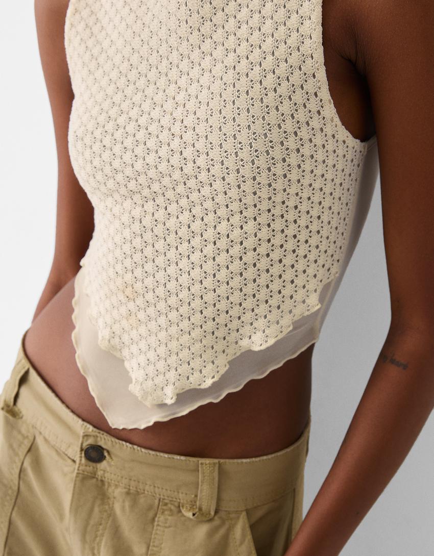 Sleeveless mesh rustic T-shirt-Cream-5