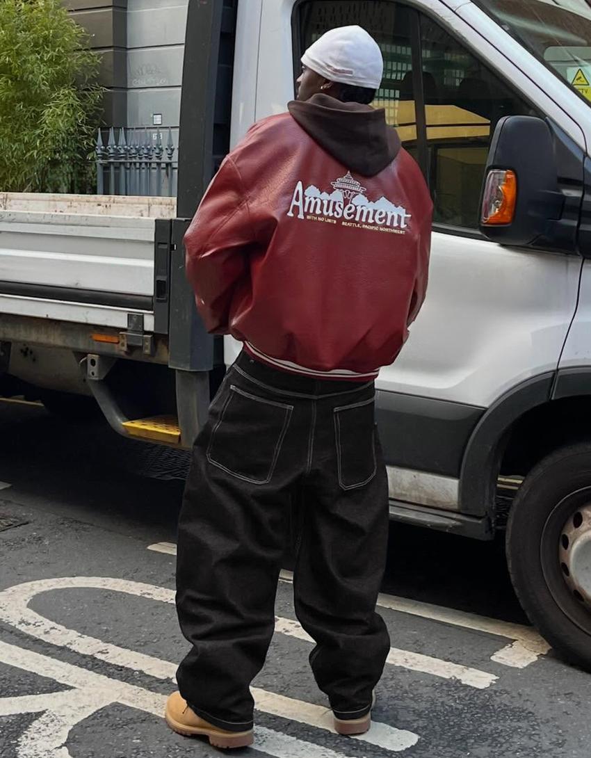 Blouson bomber similicuir imprimé-Rouge