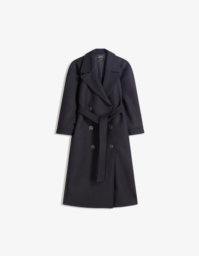 Oversize wool blend coat with belt-Navy