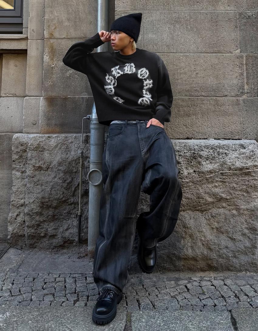 Pantalón barrel print-Negro