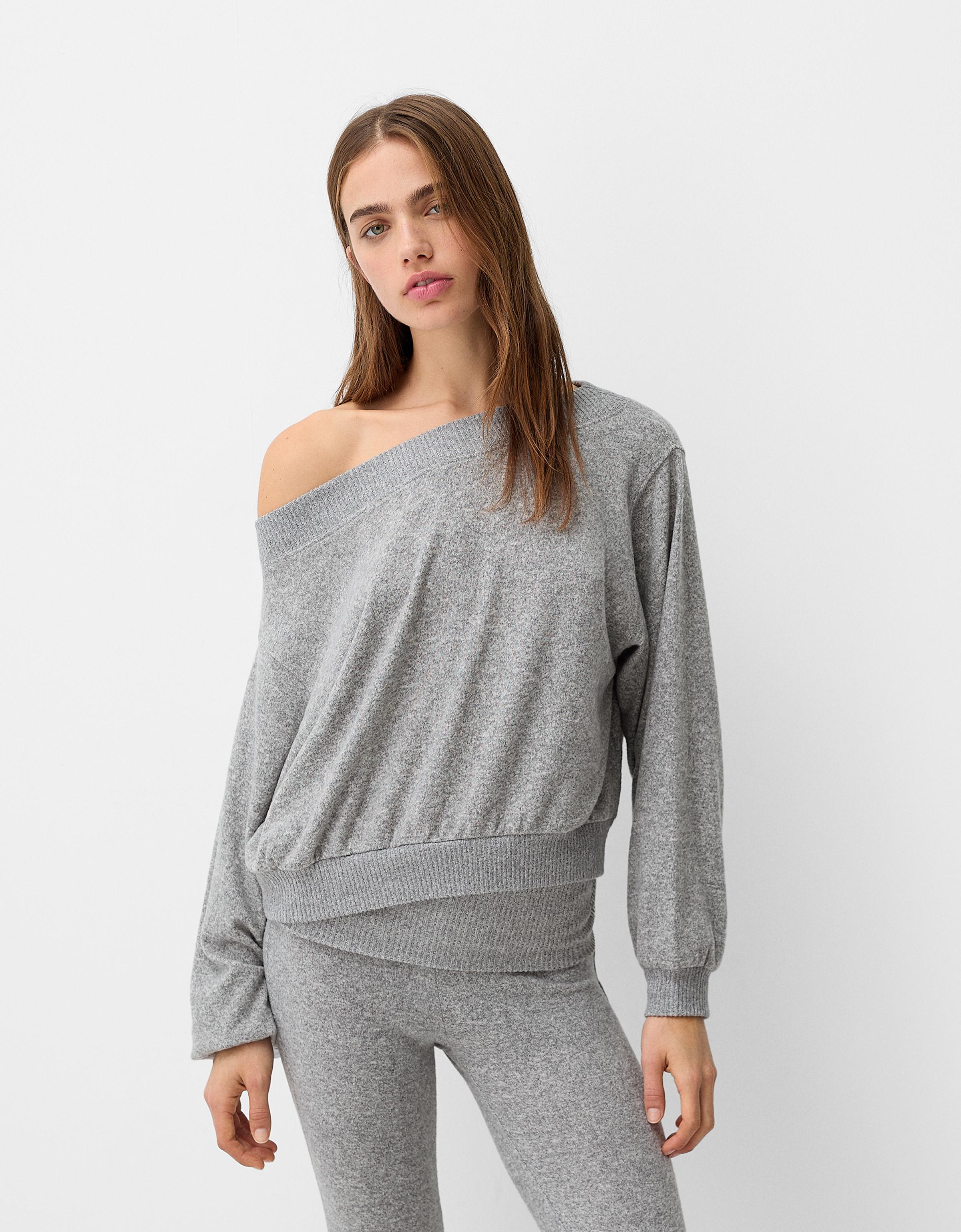 Bershka Asymmetrischer Soft-Touch-Pullover Damen S Grau