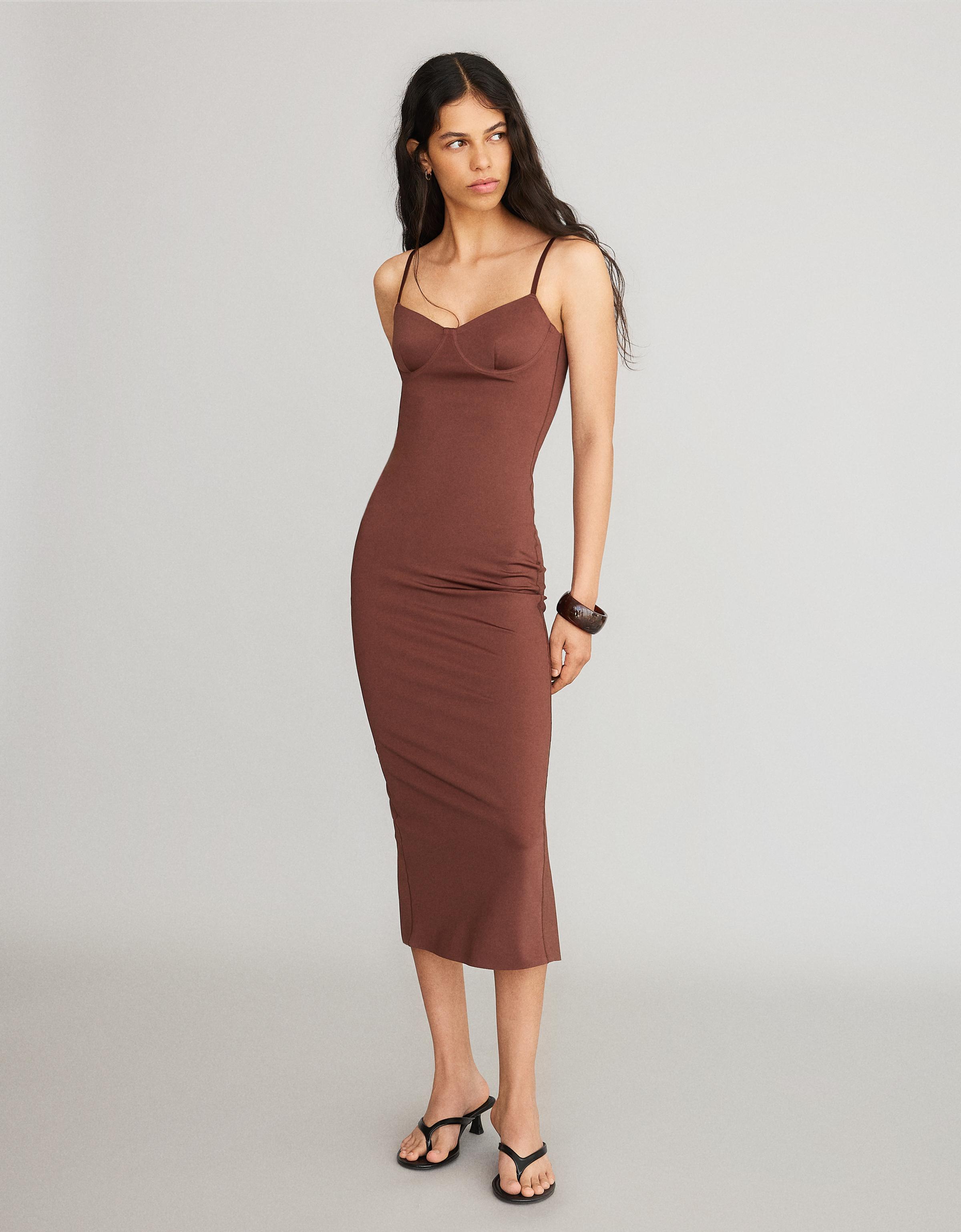 Bershka Vestido Midi Tirantes Escote Corazón Mujer Marrón