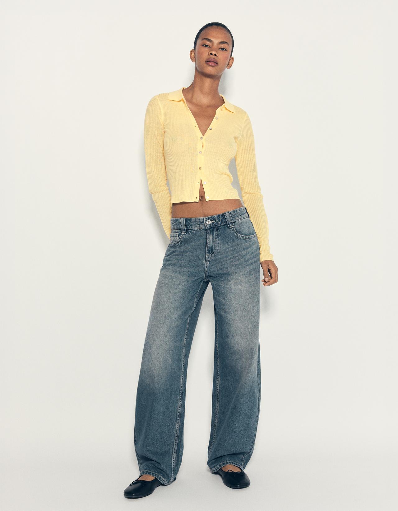 Fine knit polo collar cardigan — Yellow