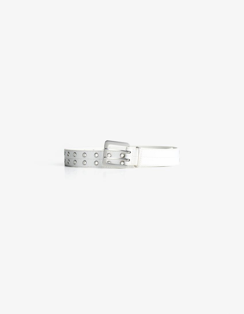 Faux leather belt with eyelets-White